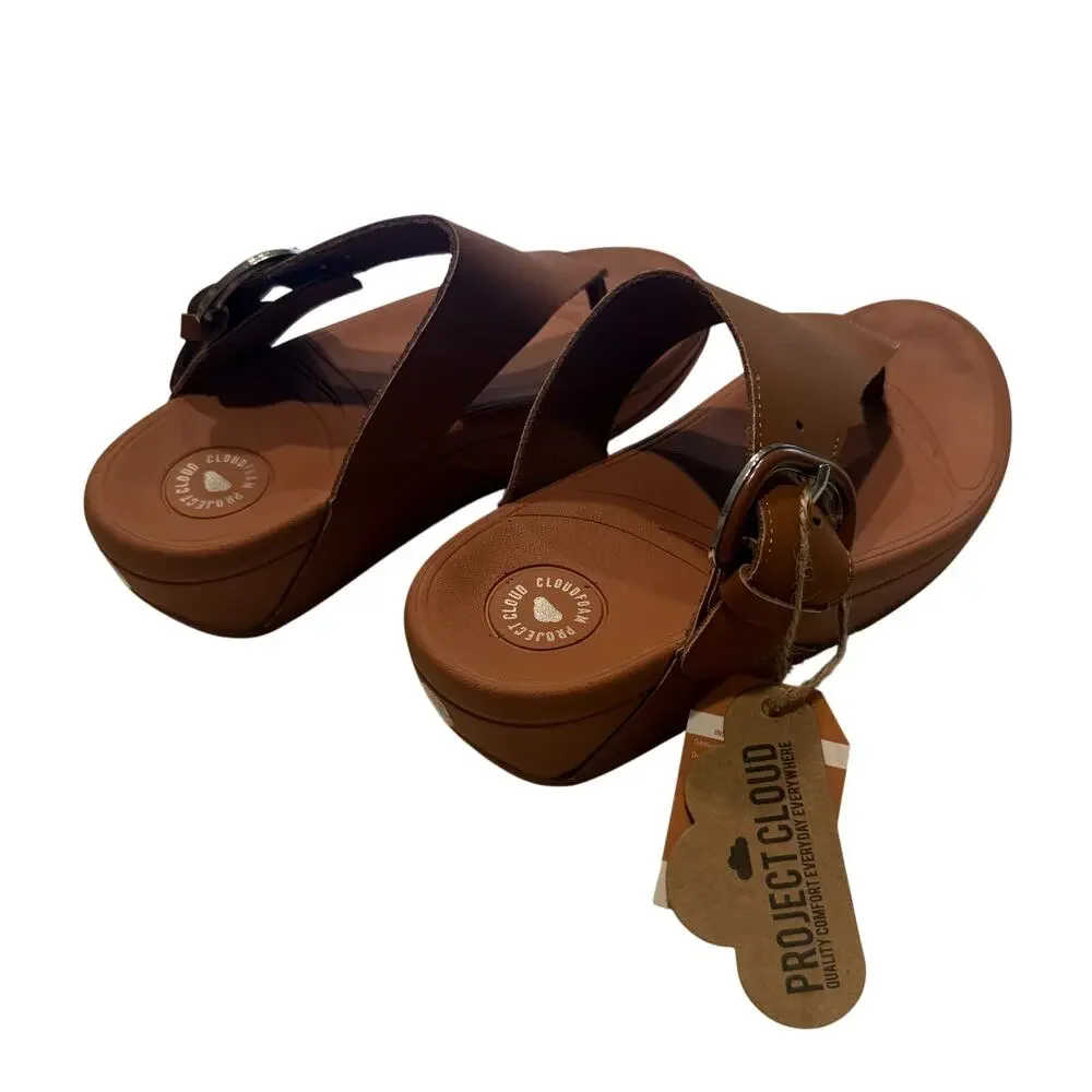 Project Cloud Women Arlee Buckle Sandals in Tan Leather, Size 6